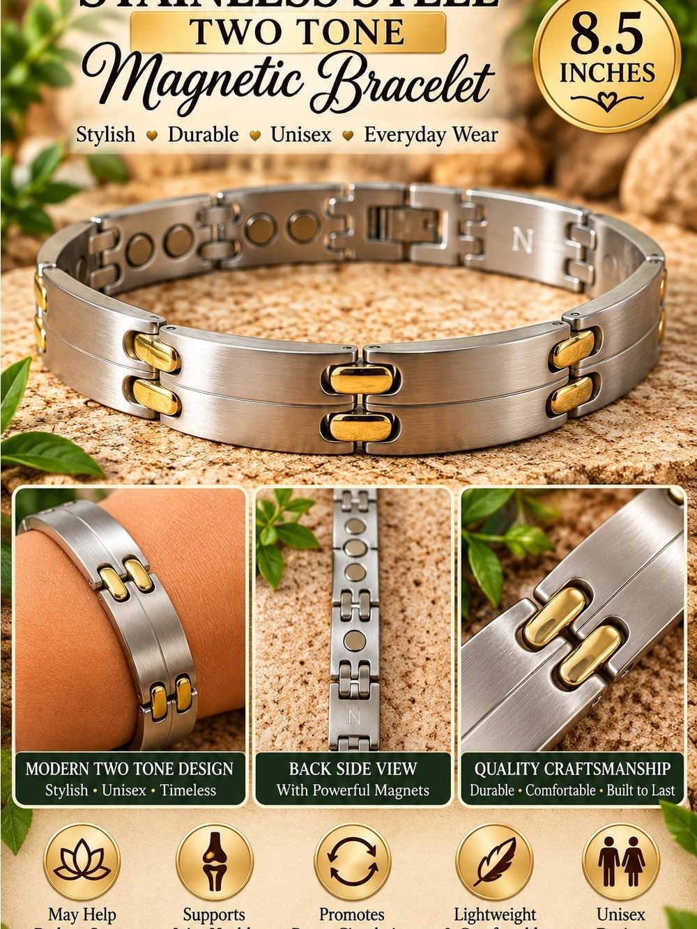 Two-Tone Magnetic Bracelet — Silver & Gold Stainless Steel